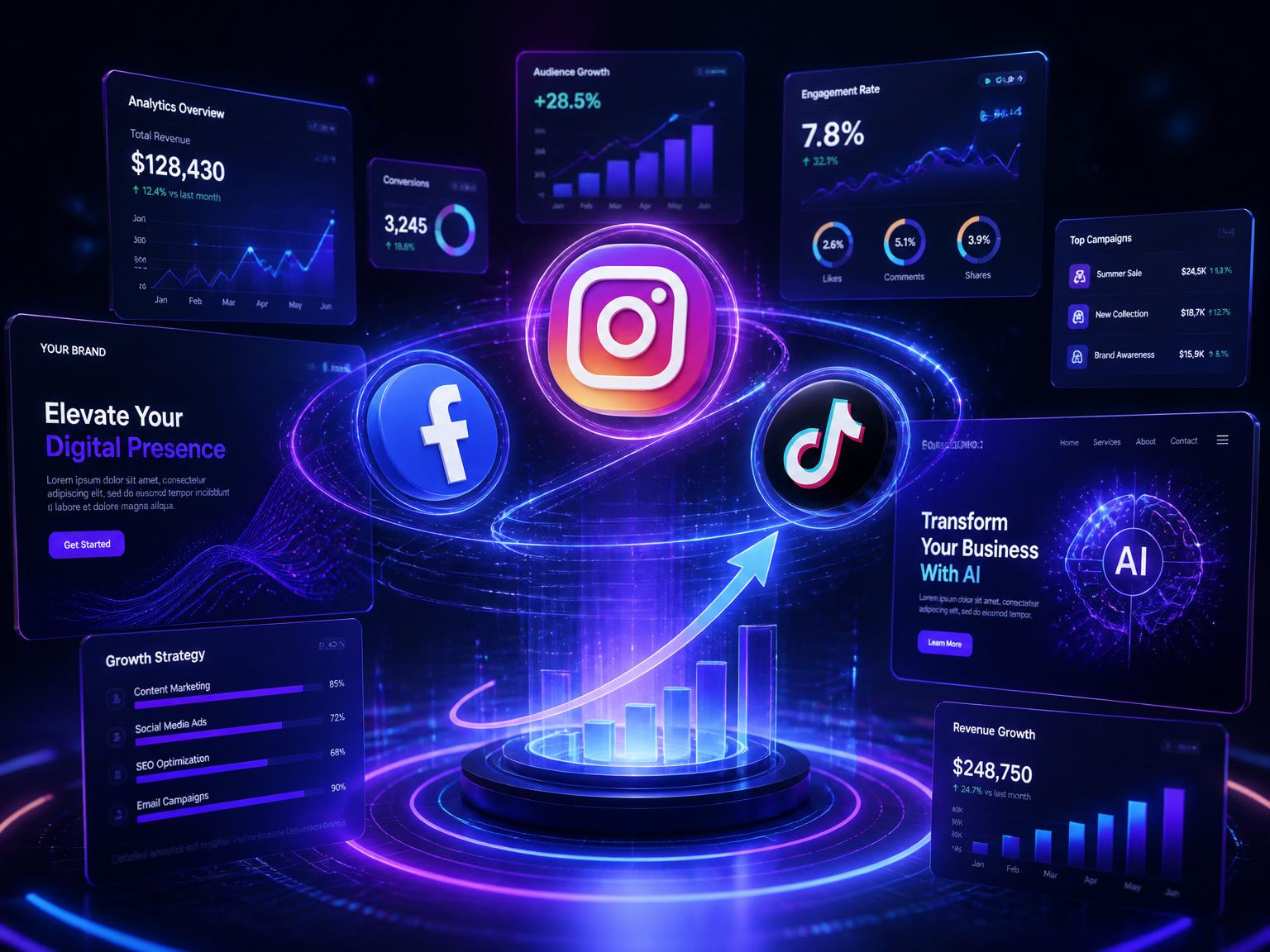AI-powered marketing dashboard with social media, analytics and growth charts